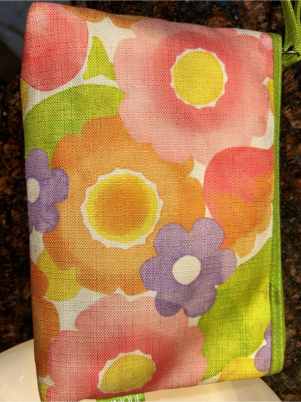 Clinique zipper Floral Canvas Cosmetic Zip Bag Pouch in Green Trim Vintage